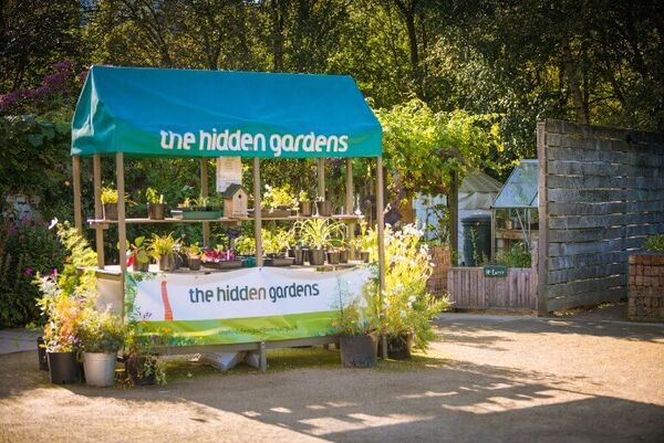 A wooden stall sits outside in the sunlight with the sign 'Hidden Gardens'. Potted plants of various varieties adorn the stall.