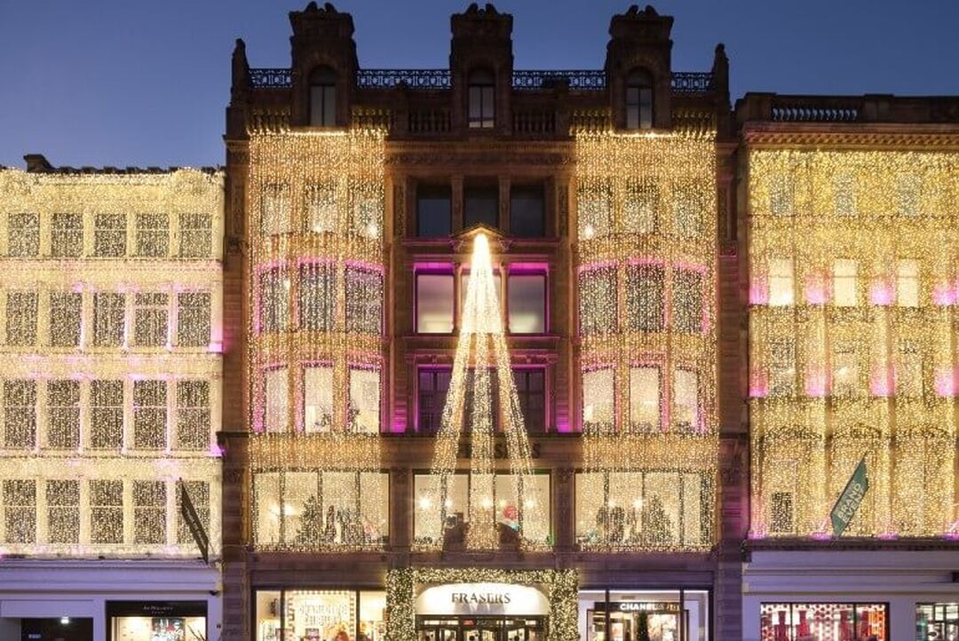 Fairy lights cascade down the entire frontage of the Victorian building which is home of House of Frasers.