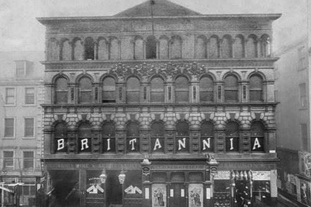 Black and white image of the frontage of the Panopticon which is a Victorian era building.