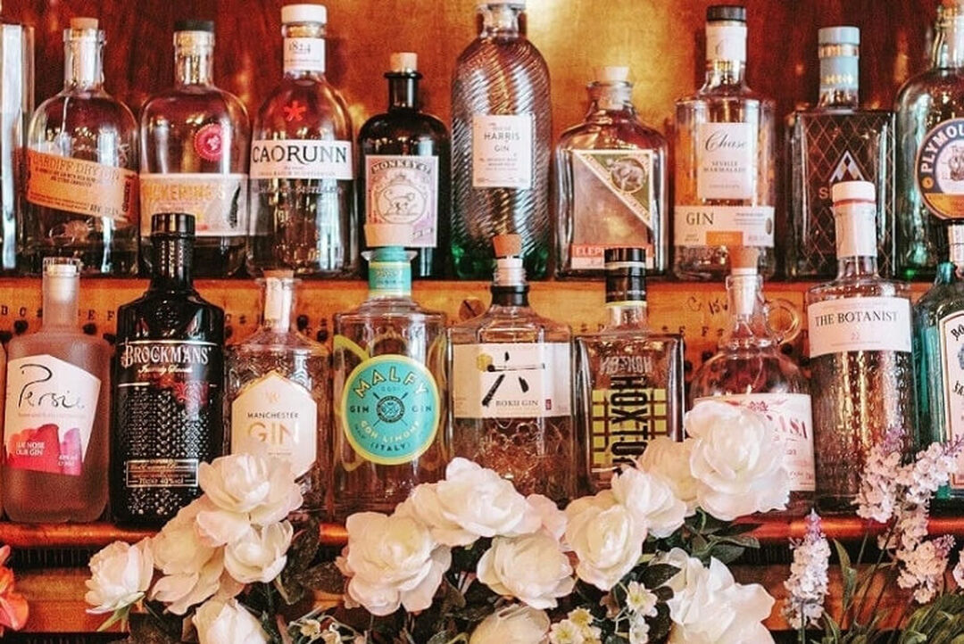 Two shelves with a range of Gin bottles with white flowers along the bottom