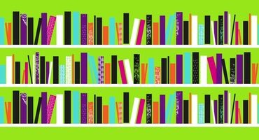 A lime green background with three shelves full of books.