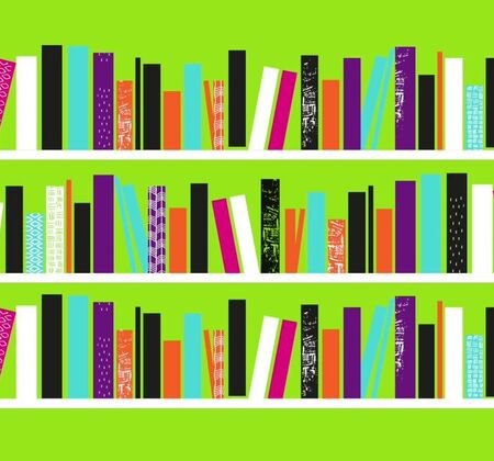 A lime green background with three shelves full of books.