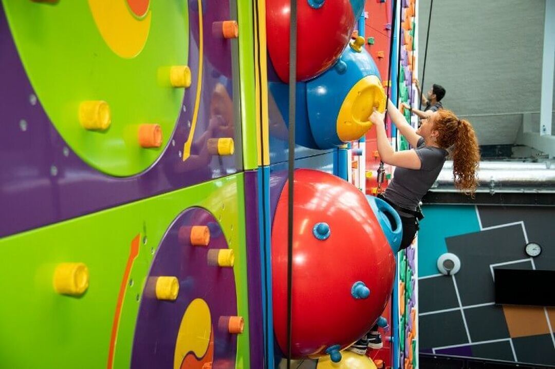 An adult, wearing ropes, scales an unusual and colourful climbing wall.