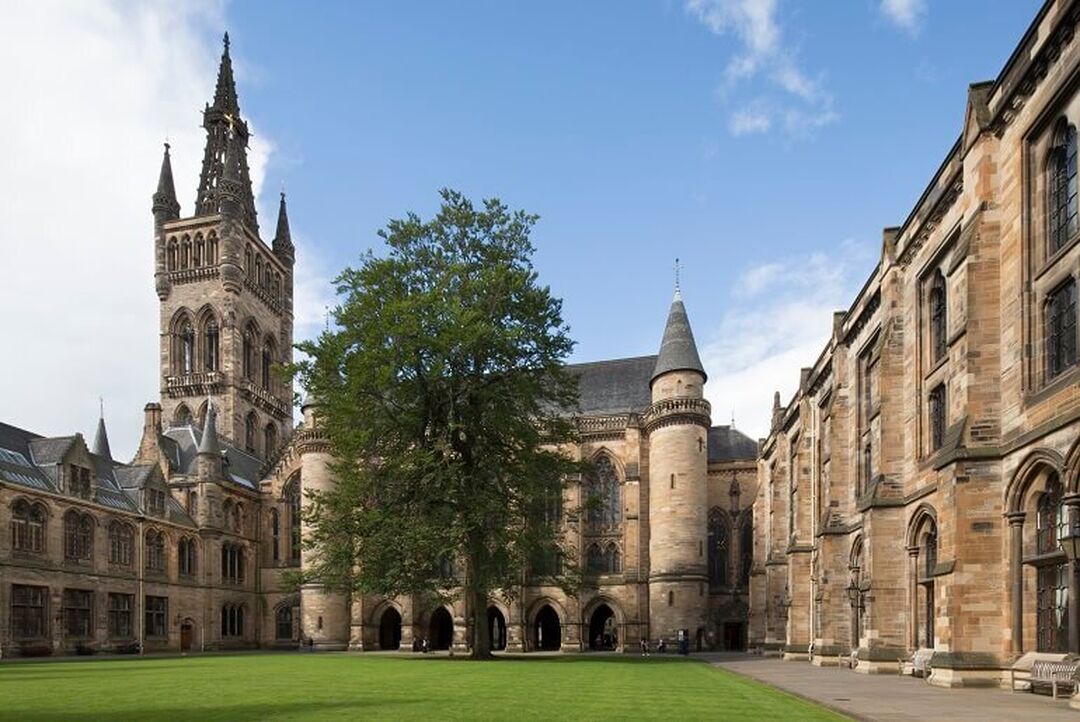 The impressive gothic architecture of the quadrangle at the University of Glasgow.