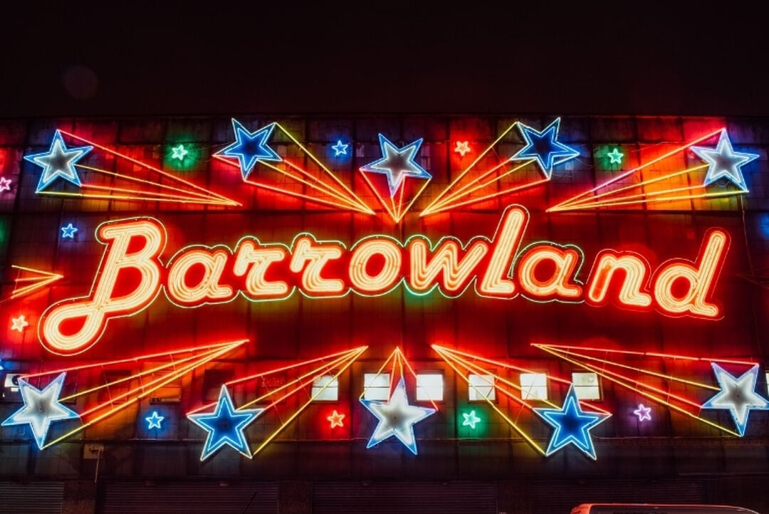 Barrowland Ballroom neon sign lit up on a black background